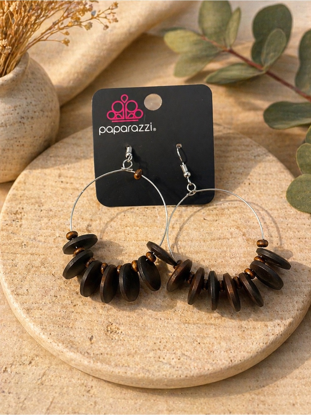 paparazzi Dark Brown Wooden Disk Hoop Earrings